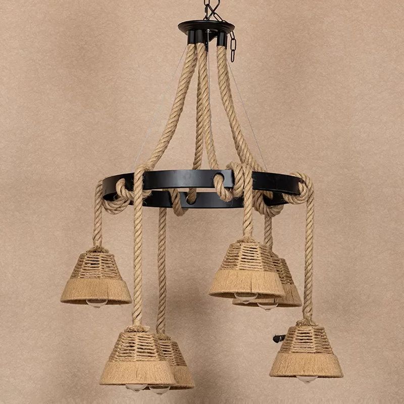 6 Lights Carillon Ceiling Chandelier Cottage Brown Roped Hanging Pendant for Restaurant