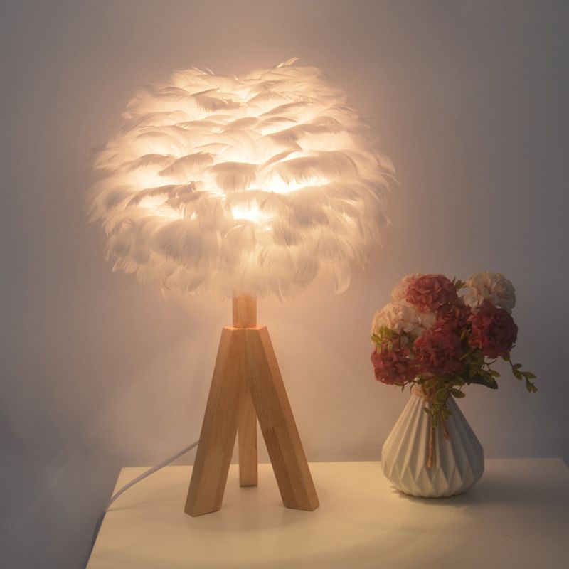 Goose Feather Dome Night Light Nordic 1 Bulb Grey/White/Pink Table Lamp with Tripod/Straight Stand in Black/White/Wood