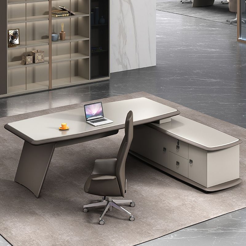 Contemporary Office Desk L-Shape Executive Desk Artificial Wood with 2 Storage Drawers