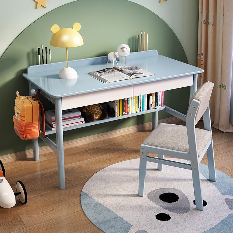 Solid Wood Desk and Chair 2 Drawers Kids Writing Desk with shelf