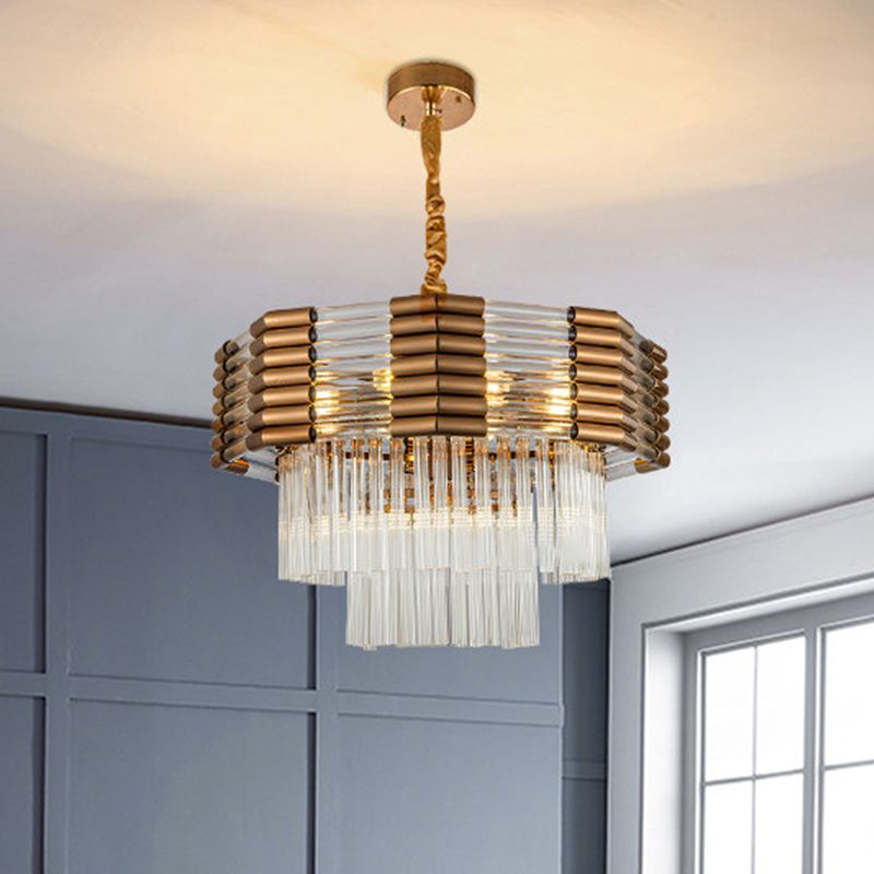 Brass Tiered Hanging Chandelier Minimalism K9 Crystal 9-Light Bedroom Suspension Pendant