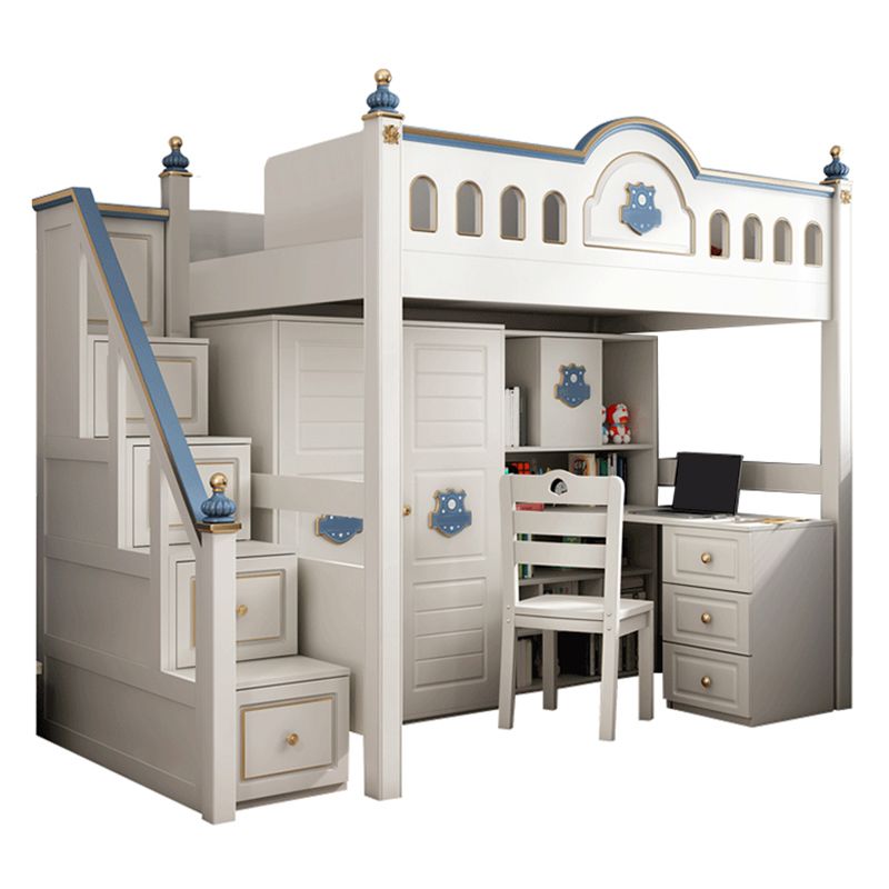 Wood Loft Bed with Guardrail White Kids Bed with Built-In Ladder/Stairway