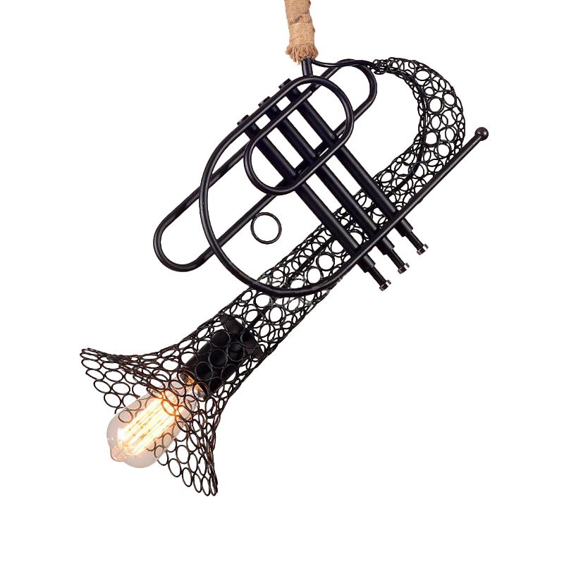 Metallic Trumpet Pendant Light with Mesh Shade and Rope Rustic Retro 1 Light Balcony Hanging Light in Black