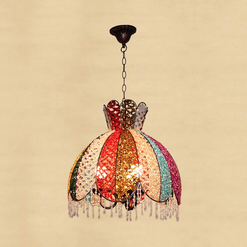 Bohemian Scalloped Pendant Chandelier 3 Heads Metal Hanging Ceiling Light in White/Red/Yellow with Dangling Crystal