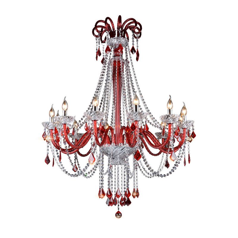 Candle Chandelier Light Fixture Modern K9 Crystal 12 Bulbs Red Ceiling Pendant Light for Balcony