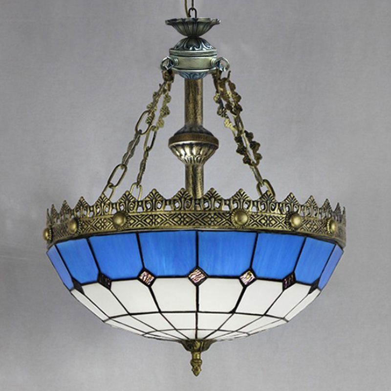 Mediterranean Bowl Drop Light with Metal Chain Adjustable Stained Glass Ceiling Pendant in White/Clear