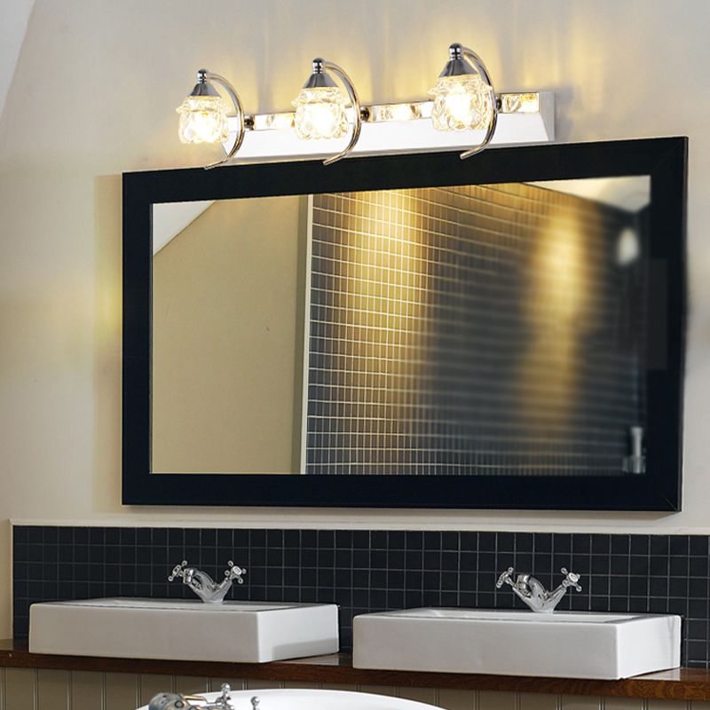 Moderno espejo de tocador de champiñones Cristal claro 3 luces Lámpara de pared de baño con brazo curvo en plata, luz cálida/blanca