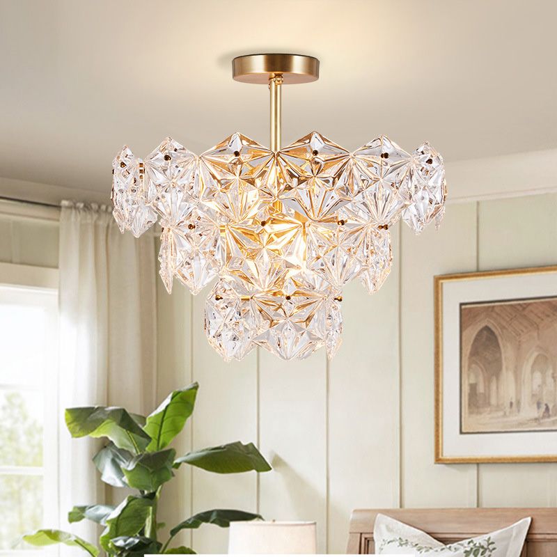 9 Heads Suspension Light Traditional Tapered Hexagon Glass Chandelier Lighting Fixture in Gold