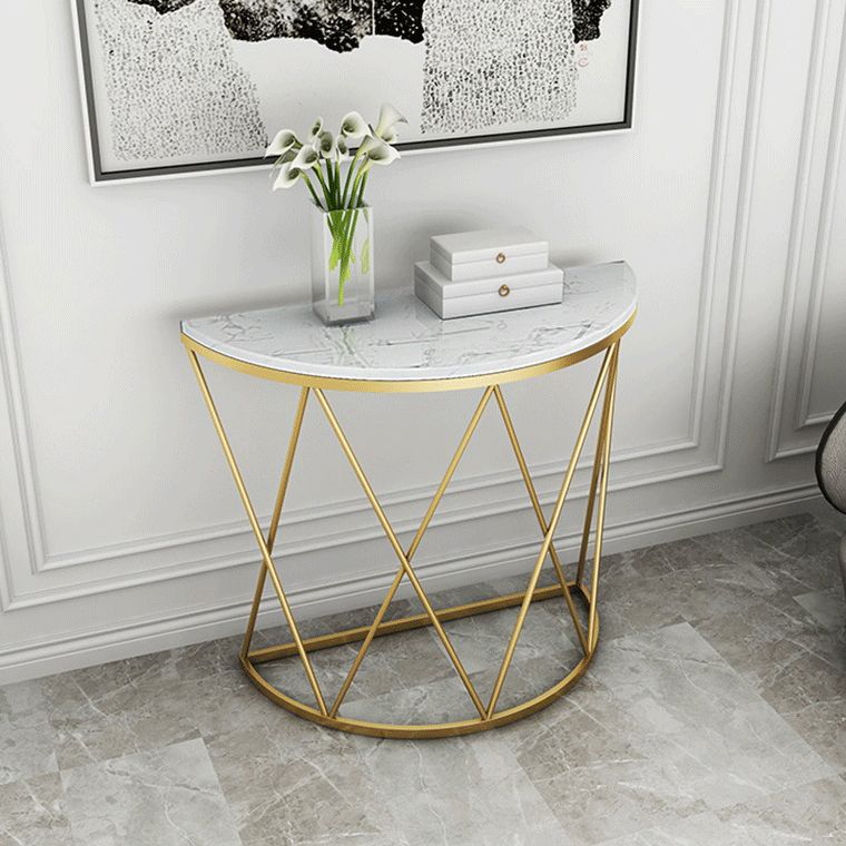 Modern Marble Console Sofa Table Half Moon End Table with Shelf for Hall