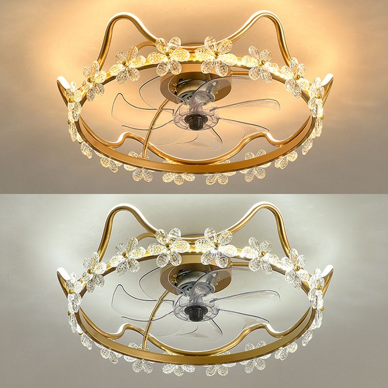 Crystal Crown LED Fan Light Children Style Semi Flush Mount Light Fixture for Bedroom