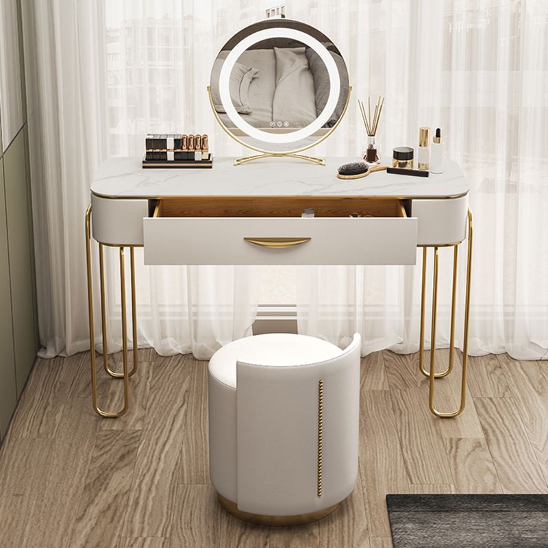 Stone and Metal with Leather Accent Vanity Table in Beige Makeup Desk