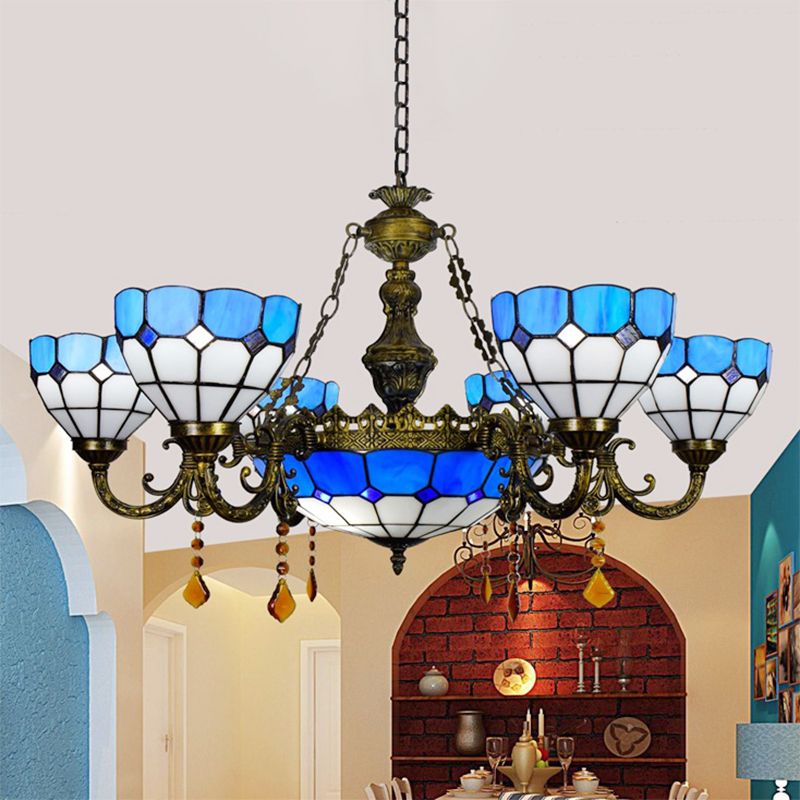 Art Glass Domed Chandelier with Agate Multi-Head Tiffany Traditional Hanging Light in Blue