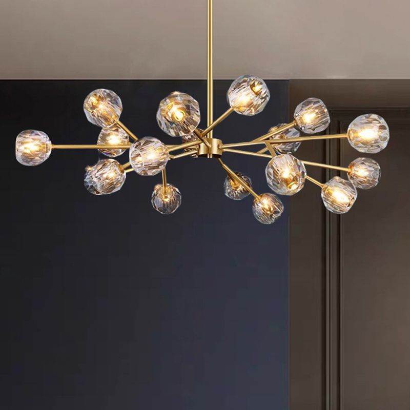 Branche salon Suspension Light Metal Metal Artistic Chandelier Light avec une nuance de cristal à facettes en or