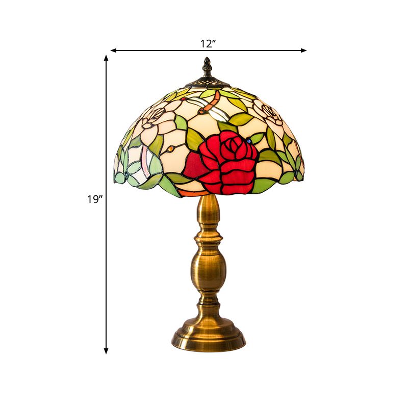 Brass 1 Light Night Lamp Traditional Green Glass Dome Task Lighting with Rose and Dragonfly Pattern