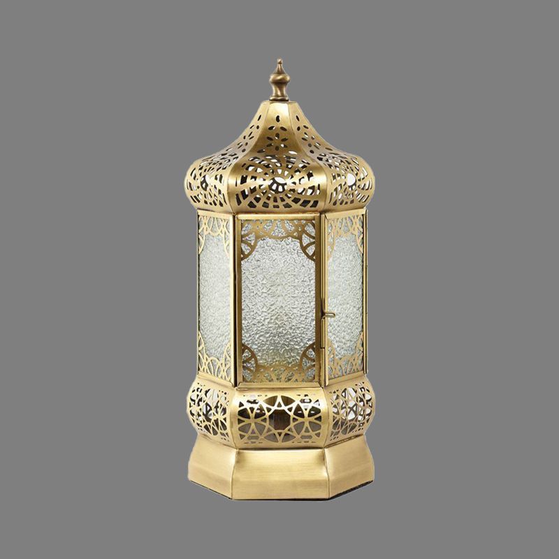 Metal Brass Finish Task Light Lantern 1 Head Traditional Night Table Lamp with Seeded Glass Shade