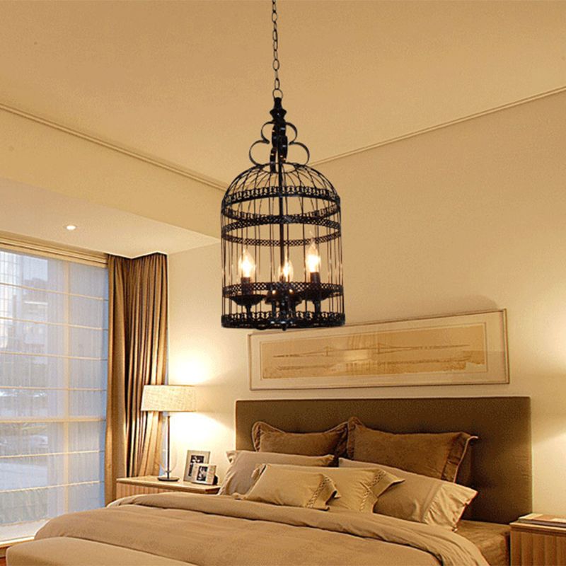 3/6 Bulbs Bird Cage Hanging Light with Candle Creative Industrial Style Black Metallic Chandelier Lamp for Bedroom