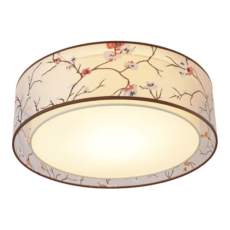 3-Light Drum Ceiling Lamp Rustic White Fabric Flush Mount Fixture with Plum Print Shade