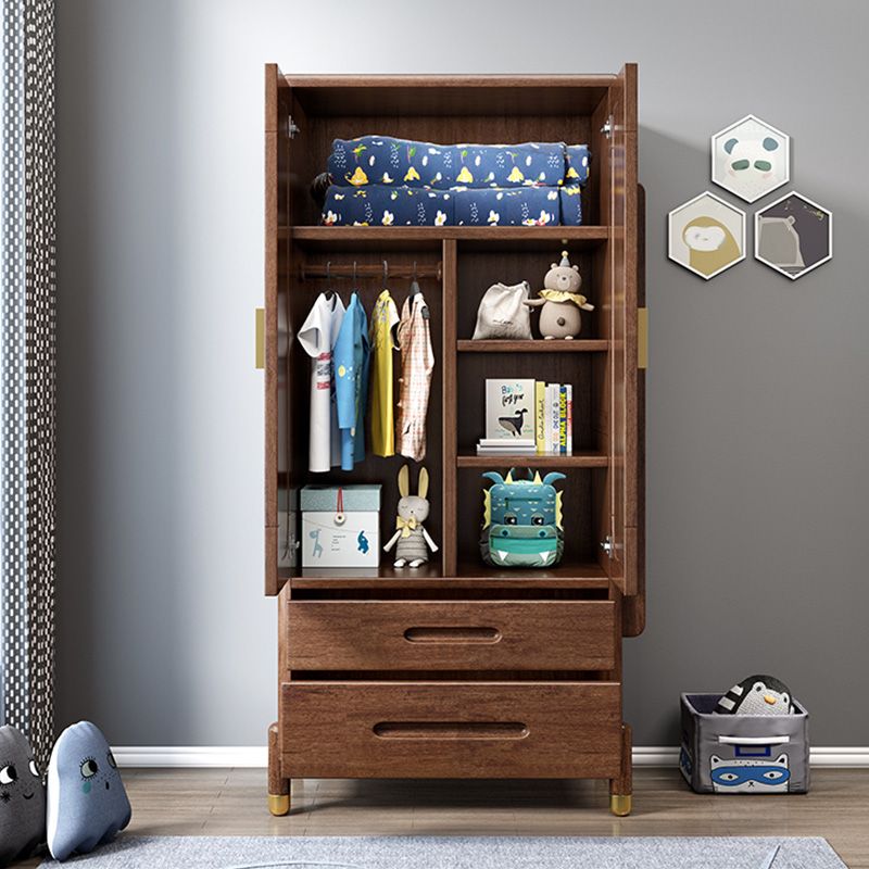 Walnut Rustic Kid's Wardrobe Wooden High Gloss Kids Closet with Drawer