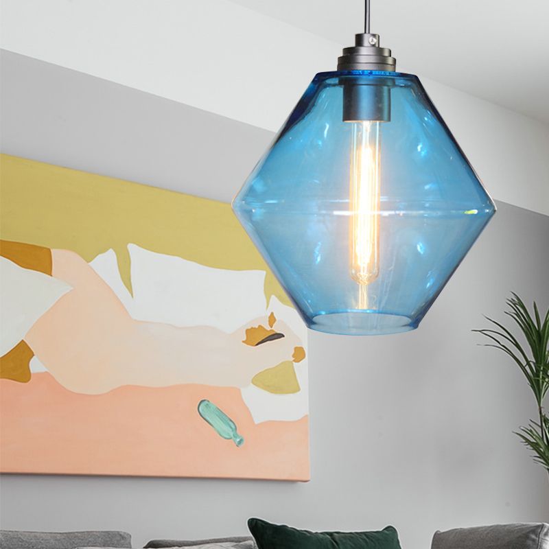 Single Light Diamond Shade Ceiling Pendant Light Vintage Black Orange/Blue/Green Glass Hanging Lamp