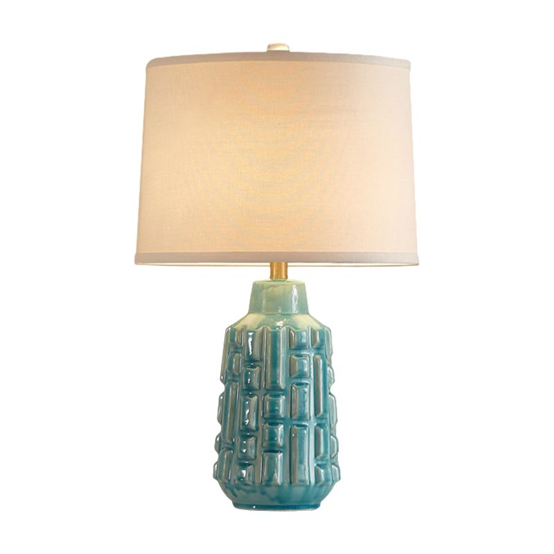 Fabric Scalloped Bell/Drum Table Lamp Vintage 1 Bulb Parlor Nightstand Light with Ceramic Pot Base in Blue