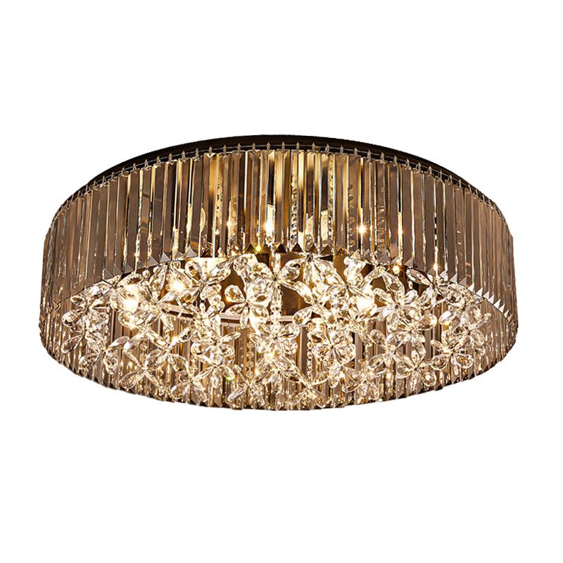 Black Round Recessed Mount Light Contemporary 4 Lamp Crystal Rod Ceiling Light, Warm Light