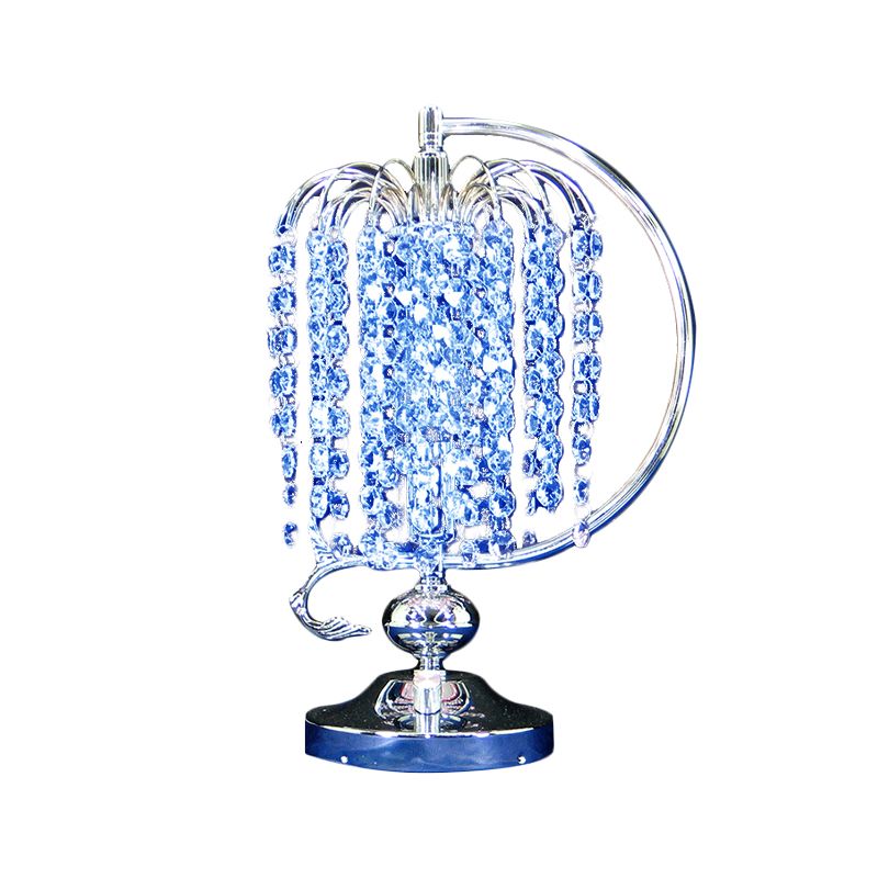 1-Head Drooping Tassel Night Light Retro Pink/Yellow/Blue Crystal Table Lighting with Polished Chrome C Arm