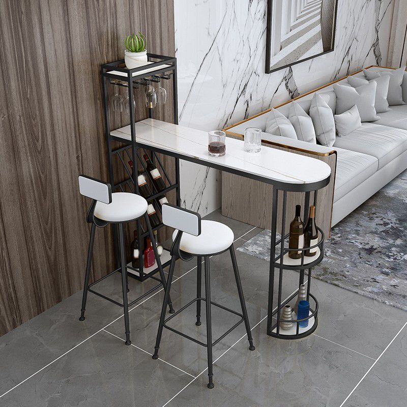 Modern Stone Bar Table Metal Base with Wine Racks for Living Room