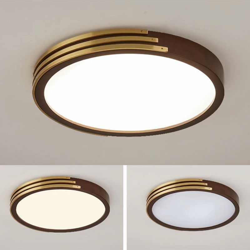 1-Light Round Flush Mount Modern Wood Flush Light in Brown for Bedroom