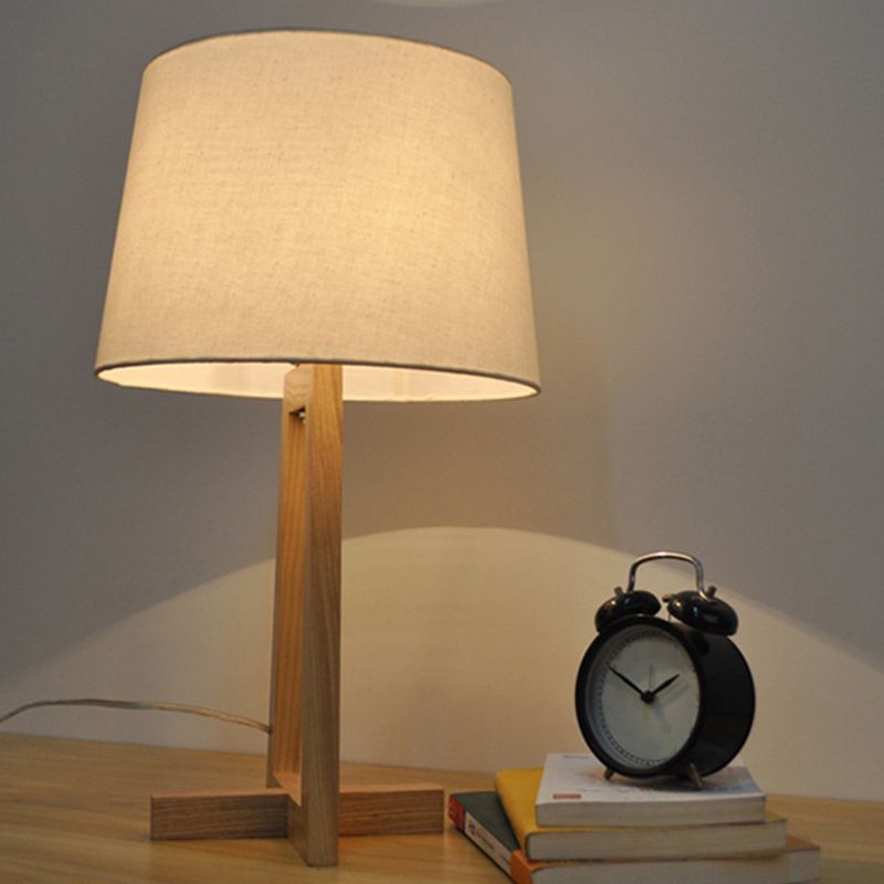 Drum Night Table Light Minimalism Fabric 1-Head Wood 2-Legged Nightstand Lamp for Kids Room