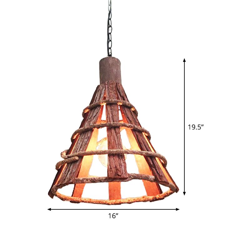 Wood Tapered Down Lighting Asian 1 Bulb Red-Brown Hanging Ceiling Light with Adjustable Chain