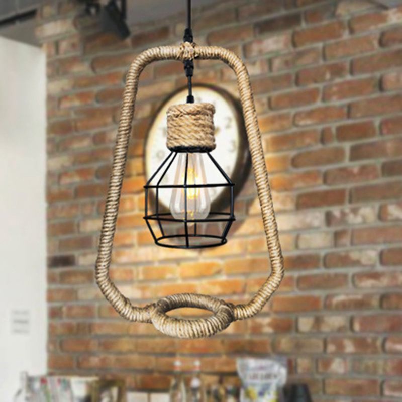 1 Light Hanging Ceiling Light with Globe Metal and Rope Shade Industrial Kitchen Pendant Lighting in Black