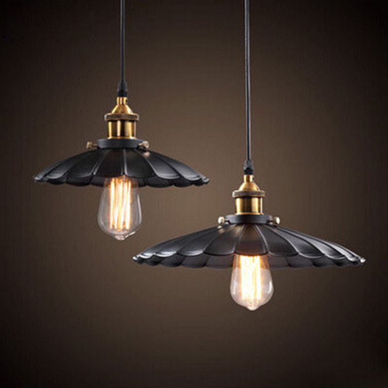 Scalloped Metal Pendant Lighting Farm Style Coffee Shop Hanging Light Kit in Black