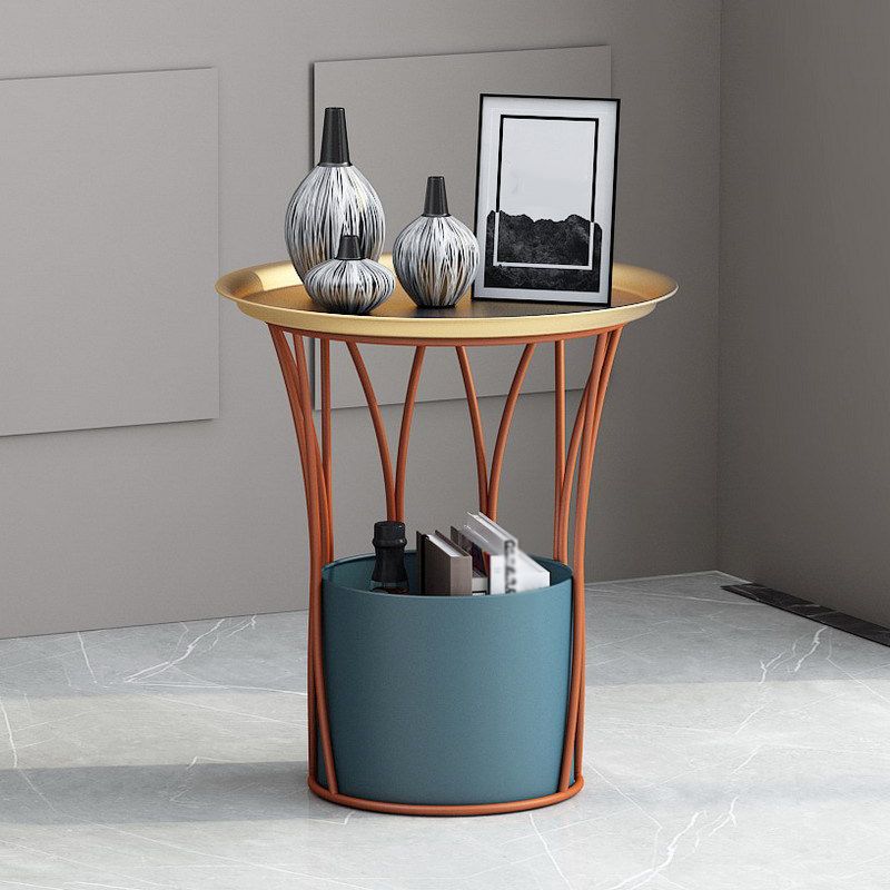 Iron Pedestal Side Table Round Tray Top Side End Table with Storage