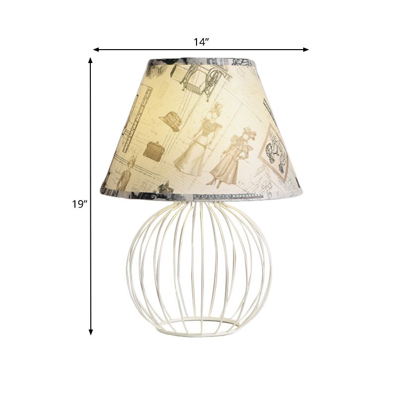 White 1-Light Desk Lamp Traditionalist Fabric Night Table Light with Spherical Wire Cage Base