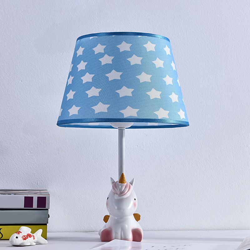 Fabric Cone Reading Lamp Cartoon 1 Light White/Pink/Blue Table Light with Rainbow Unicorn Base