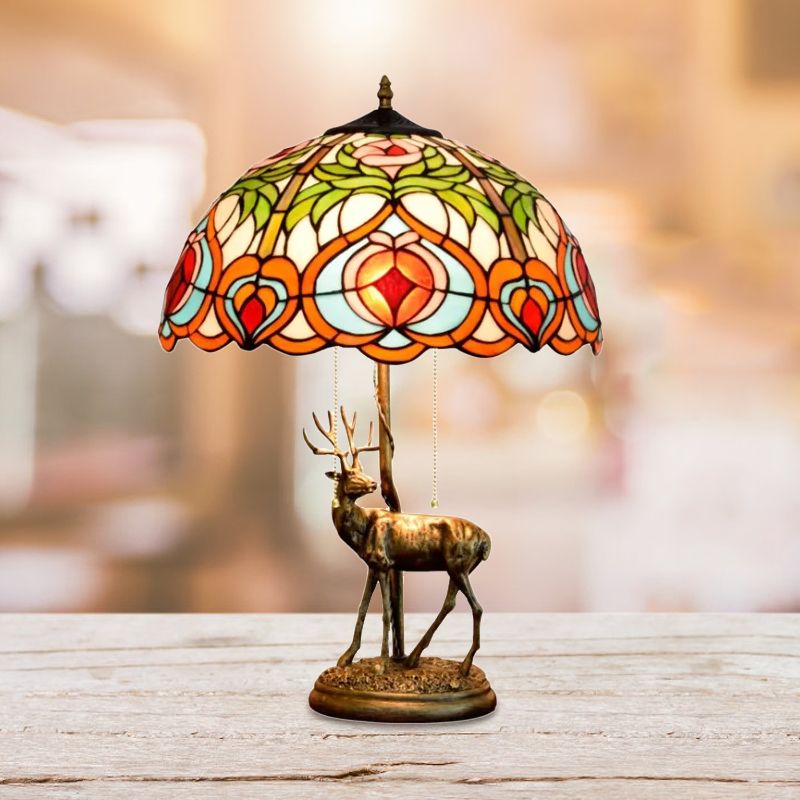 Cut Glass Yellow/Orange Night Light Hand-Worked Peach/Geometric 2-Light Tiffany Table Lamp with Elk Statue and Pull Chain Switch