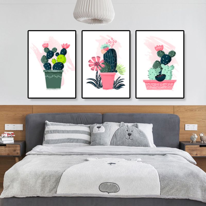 Bonsai Potted Cactus Art Print Nordic Canvas Wall Decor in Pink for Sitting Room