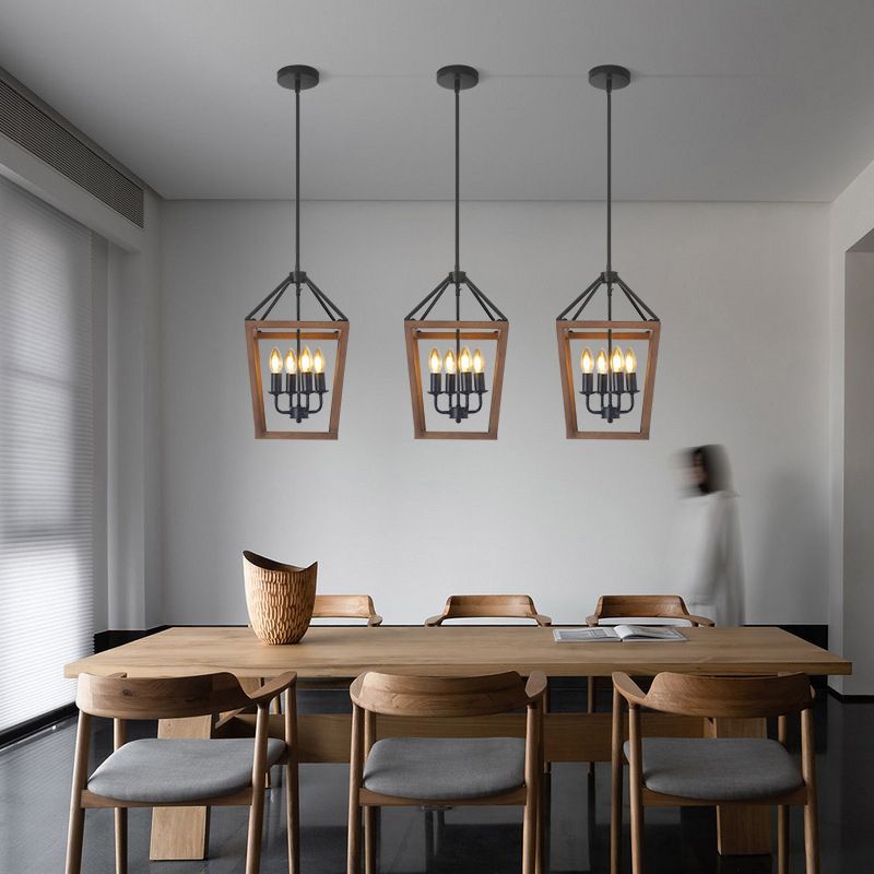 4 luces Vintage de lámpara de lámpara de lámpara de estilo industrial + marcos de madera con velas de encendido con forma de iluminación de suspensión para cafetería