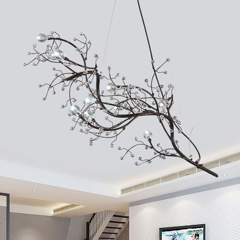 Metallic Thin Branch Chandelier with Crystal Bead 10 Lights Romantic Suspension Light for Boutique