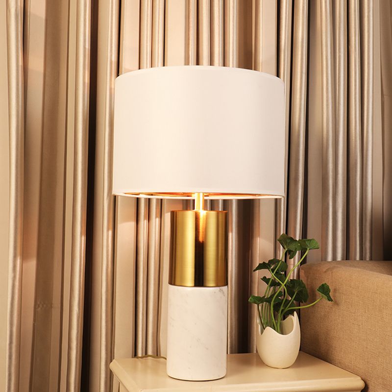 1 Head Cylindrical Desk Lamp Modern Fabric Table Light in White with Marble Base