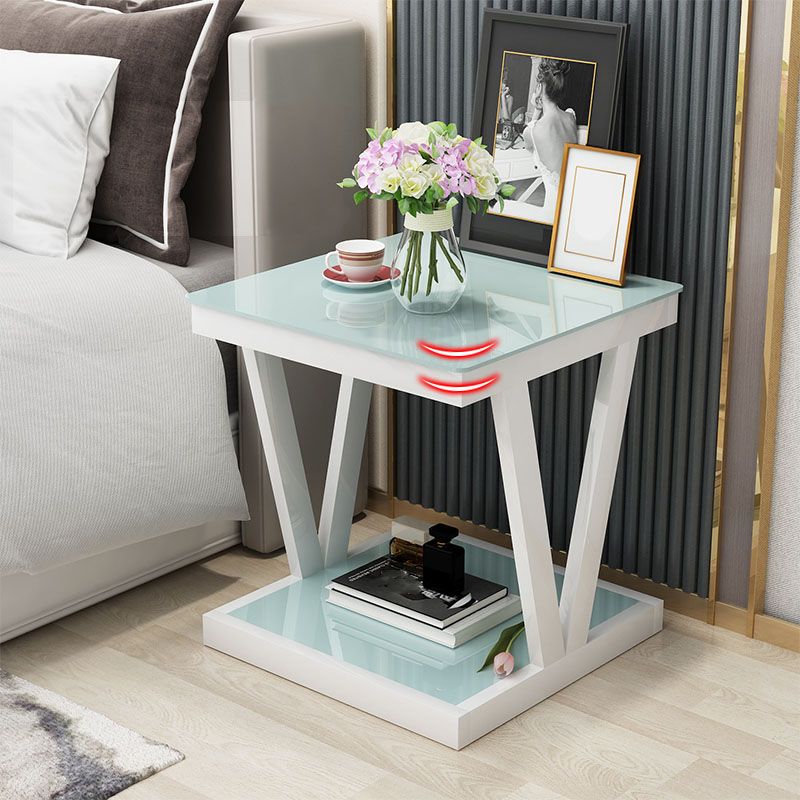 Modern Open Storage Bedside Cabinet Glass Top Night Table with Shelf