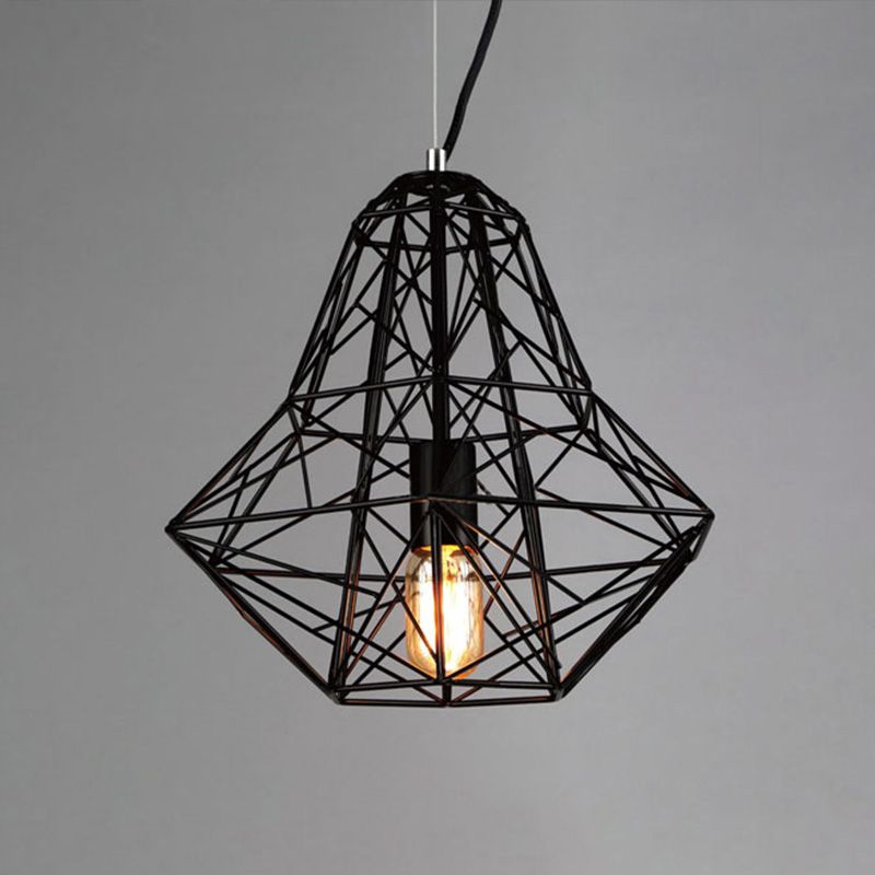 Industriekäfig Diamant Anhänger Beleuchtung 1 Kopf Metallic Hanging Lampe in Schwarz/Weiß für Esszimmer, 16 "/19,5" Dia