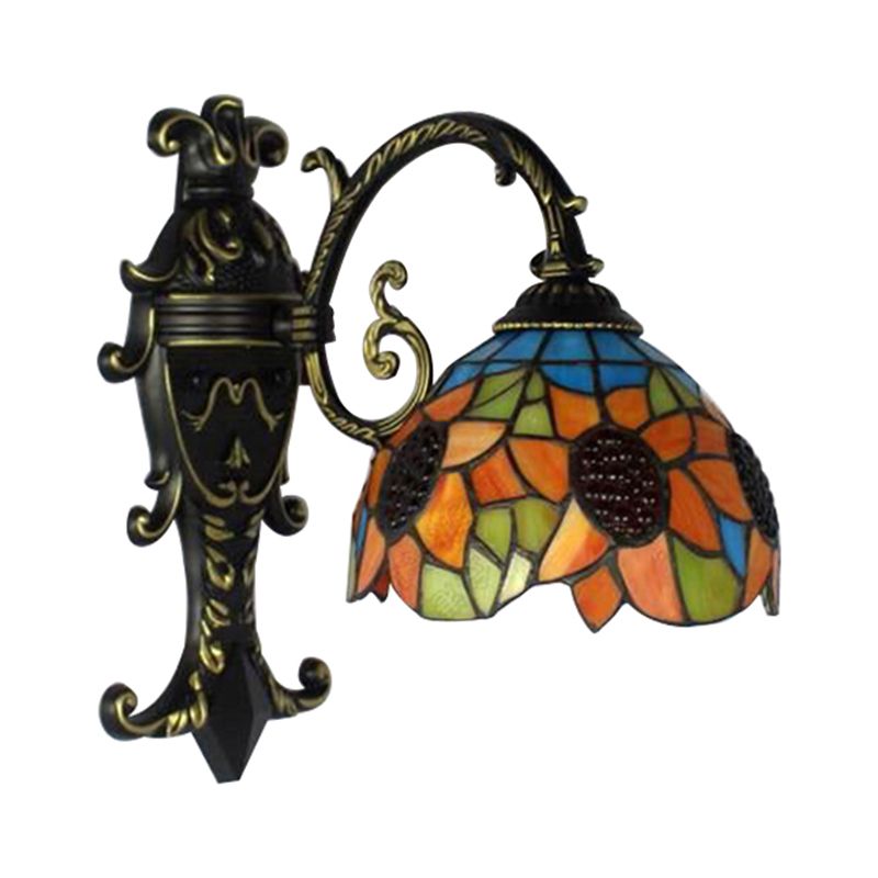 Rustic Tiffany Sunflower Sconce Lamp 1 Head Stained Glass Wall Light in Orange for Bedroom