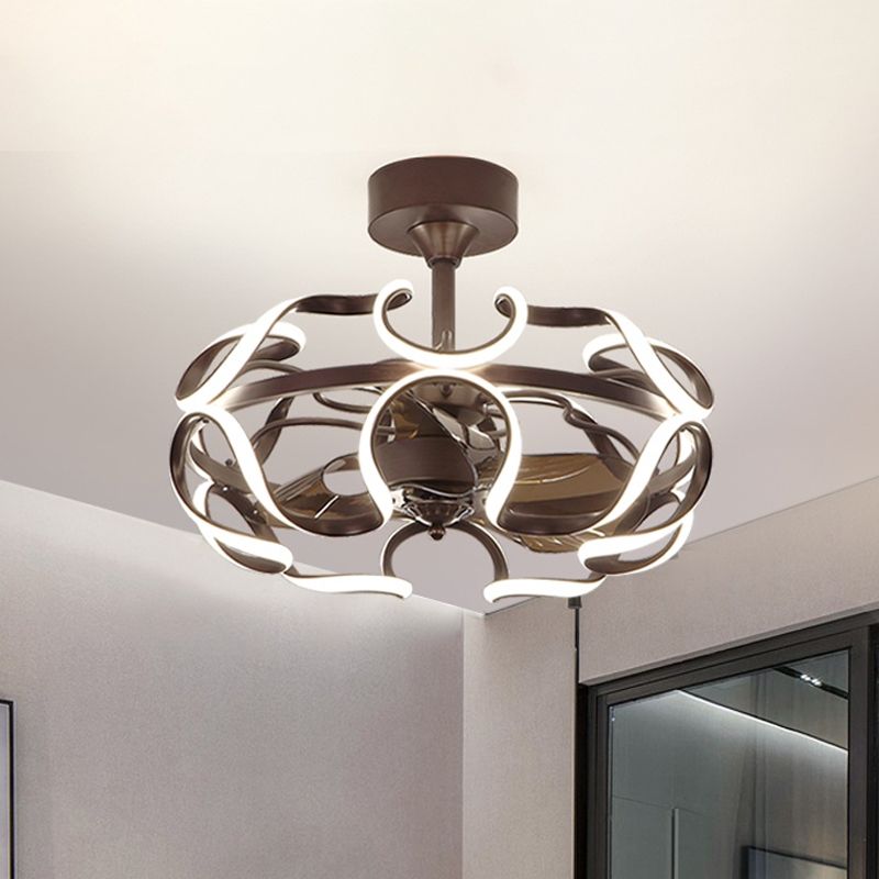 3-Blade Metal Geometry Semi Flush Mount Modernism 26" Wide LED Brown Ceiling Fan Light Fixture