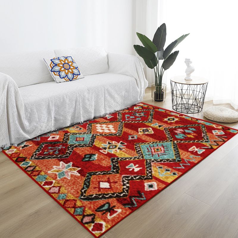 Boheemian Americanan Print Rug Red Polyester Area Rug Easy Care Tapijt voor woonkamer