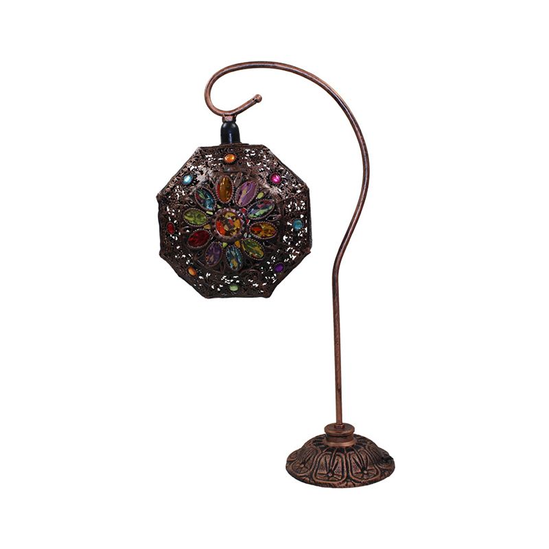 Stained Glass Bronze Night Lamp Octagon Single-Bulb Bohemia Table Light with Gooseneck Arm