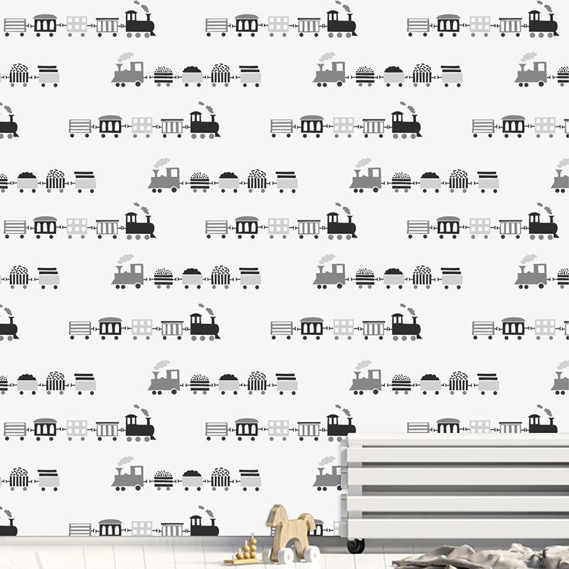 Black and White Wall Art 29.1 sq ft. Cartoon Train Wallpaper Roll for Children, Self-Adhesive