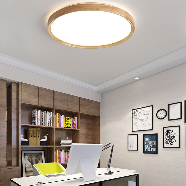 Modern Minimalist LED Ceiling Light Wooden Circular Flush Mount in Brown