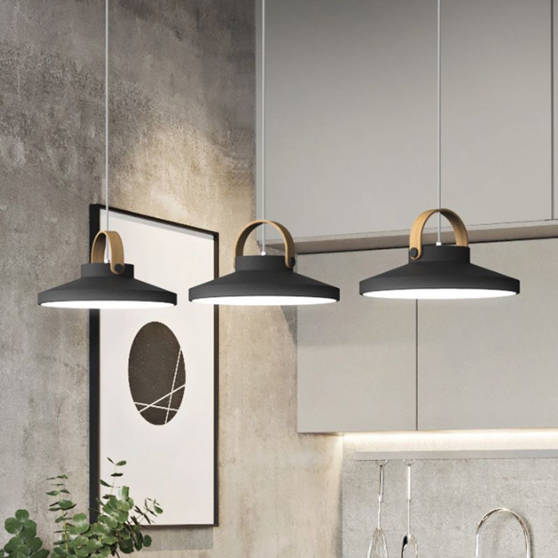 Wood-Handled Pot Lid Suspension Pendant Kitchen Iron Nordic LED Pendulum Light in Green/Black/White