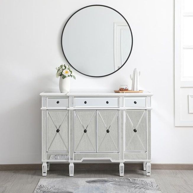 Mirrored Finish Faux Wood Sideboard Glam Dining Buffet with Cabinets and Drawers